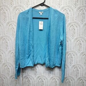 J. Jill Cardigan Women Medium Blue Open Front Linen Blend Lightweight Knit